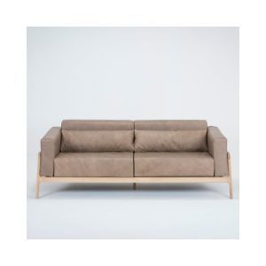 Canapea din piele bovină cu structură din lemn masiv de stejar Gazzda Fawn, 210 cm, maro deschis