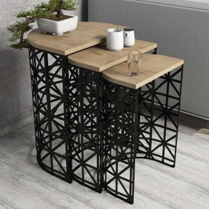 Set masute 3 piese, Hanah Home, Stil Metal Ferforje, Stejar / Negru Set masute 3 piese, Hanah Home, Stil Metal Ferforje, Stejar / Negru