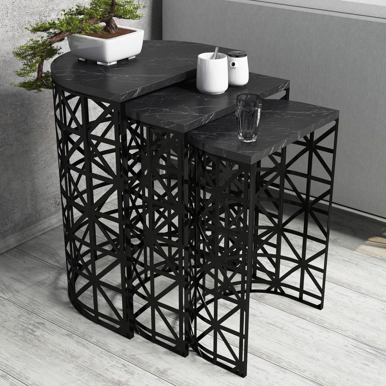 Set masute 3 piese, Hanah Home, Stil, Negru Set masute 3 piese, Hanah Home, Stil, Negru