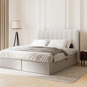 Pat continental cu saltea, topper si lada depozitare, 140x200 cm, Micadoni Home, Kelp-138, tesatura structurata chenille, bej