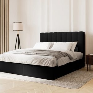 Pat continental cu saltea, topper si lada depozitare, 180x200 cm, Micadoni Home, Kelp-138, tesatura structurata chenille, negru