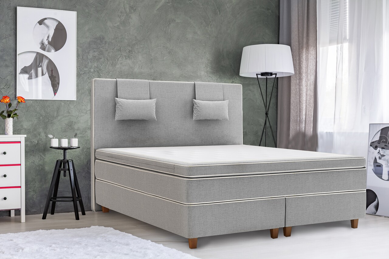 Pat matrimonial, Luxury Stockholm, 160×200 cm, saltea tip Pocket, topper latex, Gri Pat matrimonial, Luxury Stockholm, 160x200 cm, saltea tip Pocket, topper latex, Gri
