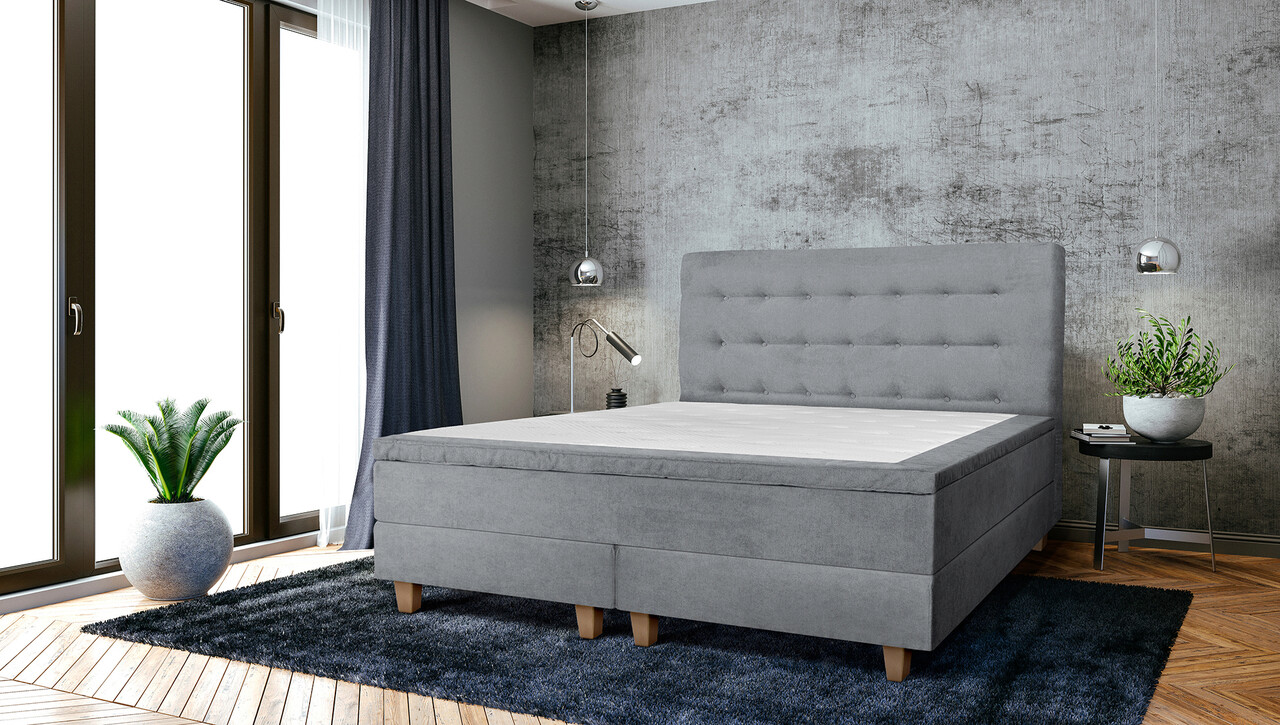 Pat matrimonial, Stockholm, Buttons E, 140×200 cm, saltea tip Pocket, topper memory, Gri Pat matrimonial, Stockholm, Buttons E, 140x200 cm, saltea tip Pocket, topper memory, Gri