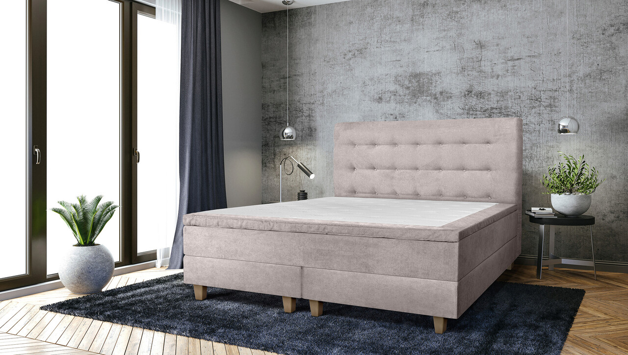 Pat matrimonial, Stockholm, Buttons E, 140×200 cm, saltea tip Pocket, topper memory, Taupe Pat matrimonial, Stockholm, Buttons E, 140x200 cm, saltea tip Pocket, topper memory, Taupe