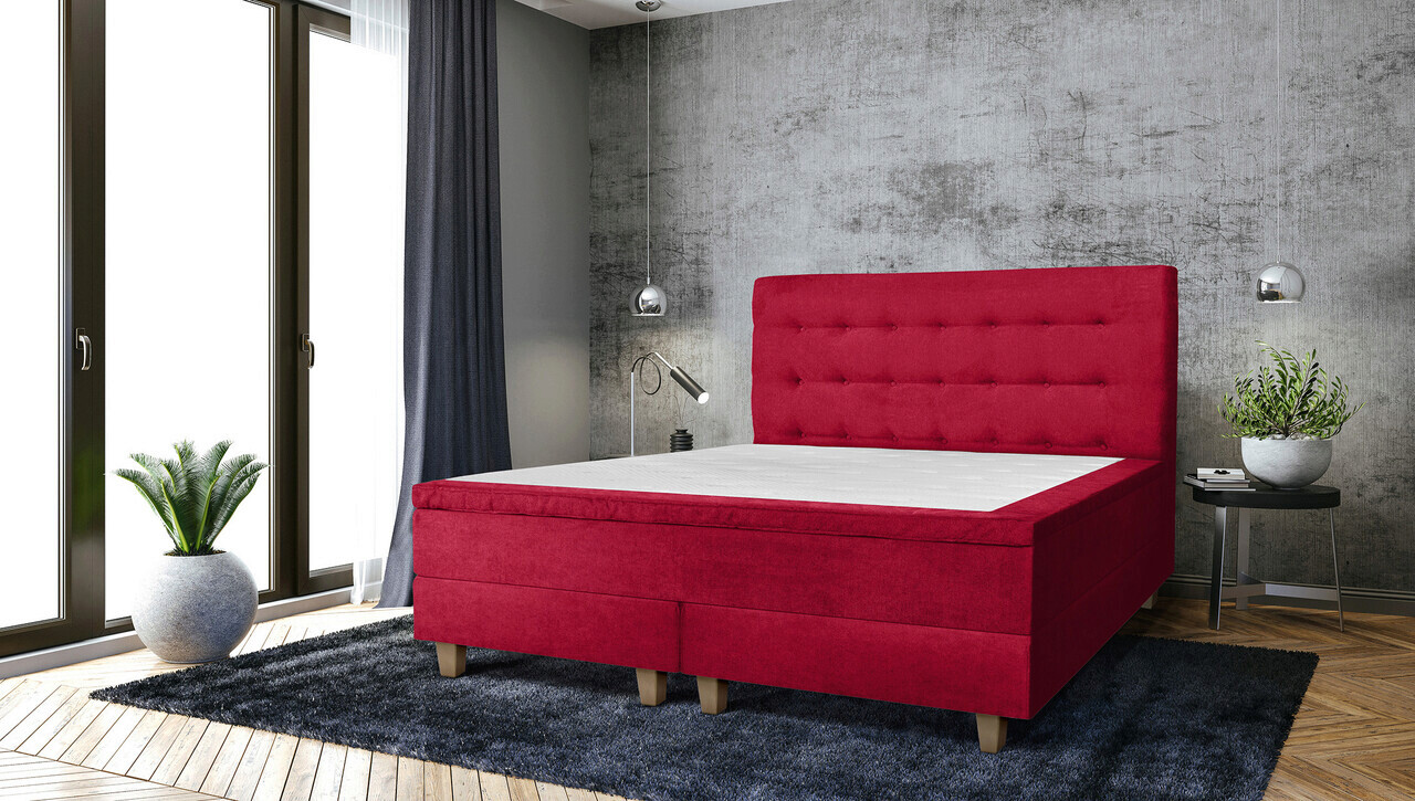 Pat matrimonial, Stockholm, Buttons E, 180×200 cm, saltea tip Pocket, topper memory, Rosu Pat matrimonial, Stockholm, Buttons E, 180x200 cm, saltea tip Pocket, topper memory, Rosu
