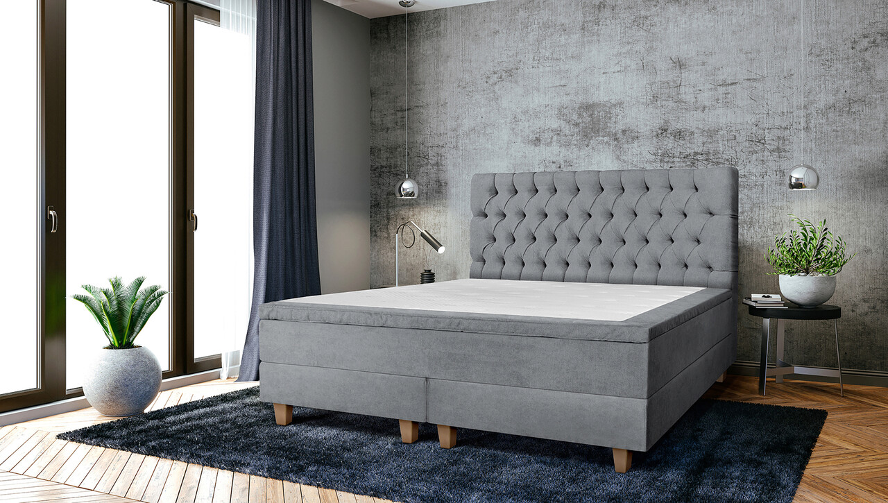 Pat matrimonial, Stockholm, Chester E, 140×200 cm, saltea tip Pocket, topper memory, Gri Pat matrimonial, Stockholm, Chester E, 140x200 cm, saltea tip Pocket, topper memory, Gri