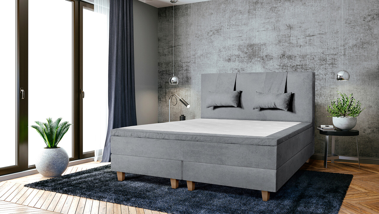 Pat matrimonial, Stockholm, Classic E, 180×200 cm, saltea tip Pocket, topper memory, Gri Pat matrimonial, Stockholm, Classic E, 180x200 cm, saltea tip Pocket, topper memory, Gri