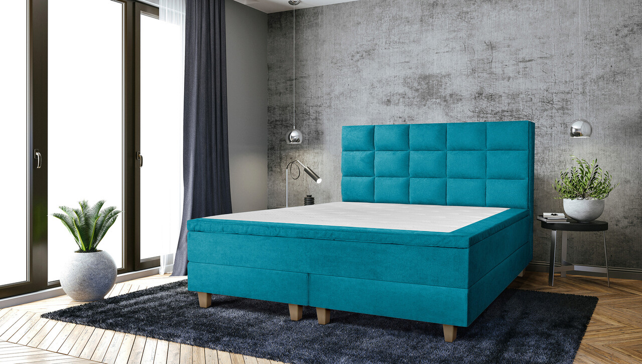 Pat matrimonial, Stockholm, Cubic E, 160×200 cm, saltea tip Pocket, topper memory, Turcoaz Pat matrimonial, Stockholm, Cubic E, 160x200 cm, saltea tip Pocket, topper memory, Turcoaz