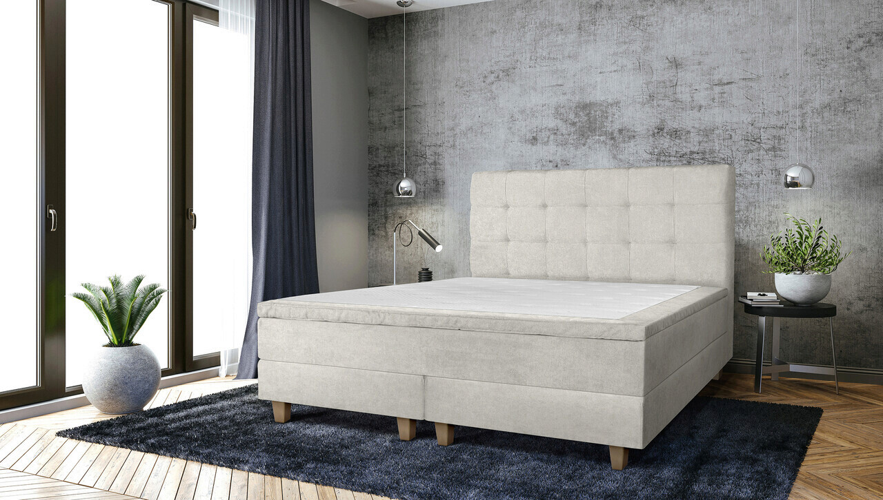 Pat matrimonial, Stockholm, Dots E, 180×200 cm, saltea tip Pocket, topper memory, Bej Pat matrimonial, Stockholm, Dots E, 180x200 cm, saltea tip Pocket, topper memory, Bej