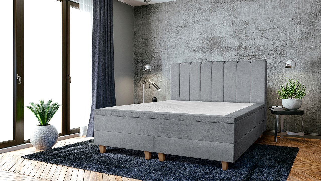 Pat matrimonial, Stockholm, Lines E, 160×200 cm, saltea tip Pocket, topper memory, Gri Pat matrimonial, Stockholm, Lines E, 160x200 cm, saltea tip Pocket, topper memory, Gri