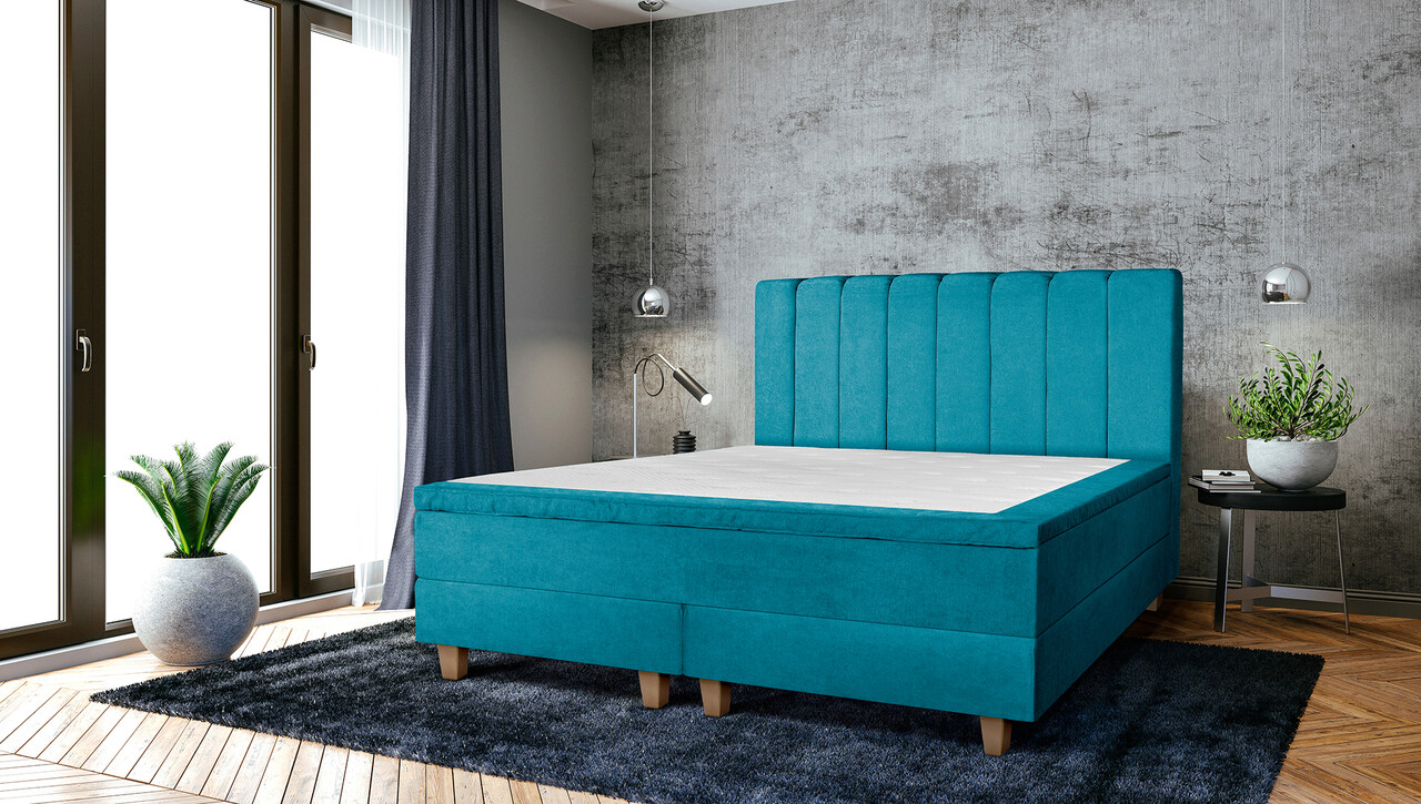 Pat matrimonial, Stockholm, Lines E, 160×200 cm, saltea tip Pocket, topper memory, Turcoaz Pat matrimonial, Stockholm, Lines E, 160x200 cm, saltea tip Pocket, topper memory, Turcoaz