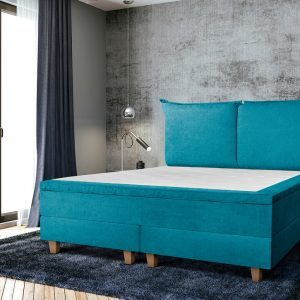 Pat matrimonial, Stockholm, Pillows E, 140x200 cm, saltea tip Pocket, topper memory, Albastru turcoaz