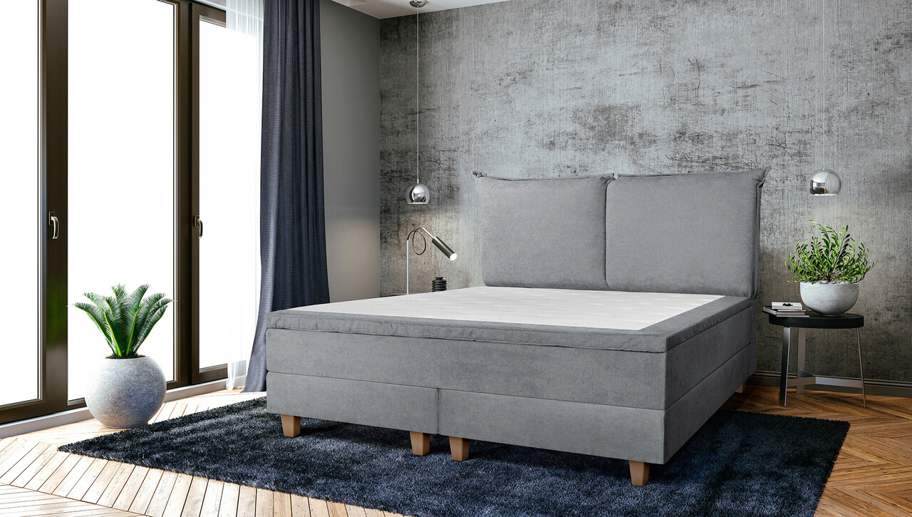 Pat matrimonial, Stockholm, Pillows E, 140×200 cm, saltea tip Pocket, topper memory, Gri Pat matrimonial, Stockholm, Pillows E, 140x200 cm, saltea tip Pocket, topper memory, Gri