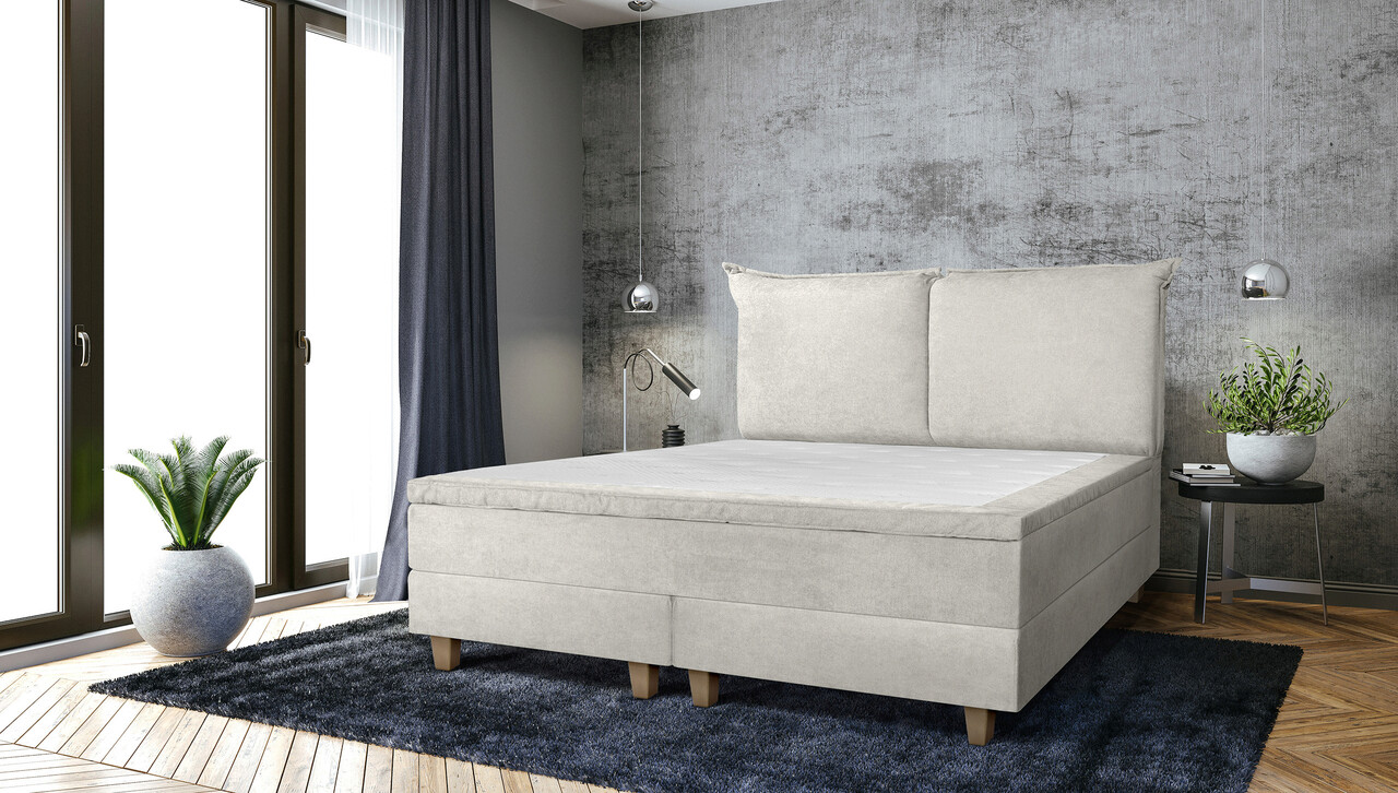 Pat matrimonial, Stockholm, Pillows E, 160×200 cm, saltea tip Pocket, topper memory, Bej Pat matrimonial, Stockholm, Pillows E, 160x200 cm, saltea tip Pocket, topper memory, Bej