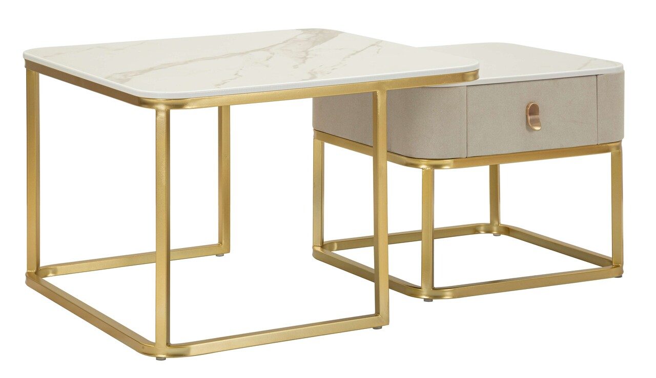 Set 2 masute de cafea Beauty, Mauro Ferretti, 70x70x48 cm, 50x50x43.5 cm, lemn de pin/MDF/metal, crem/auriu Set 2 masute de cafea Beauty, Mauro Ferretti, 70x70x48 cm, 50x50x43.5 cm, lemn de pin/MDF/metal, crem/auriu