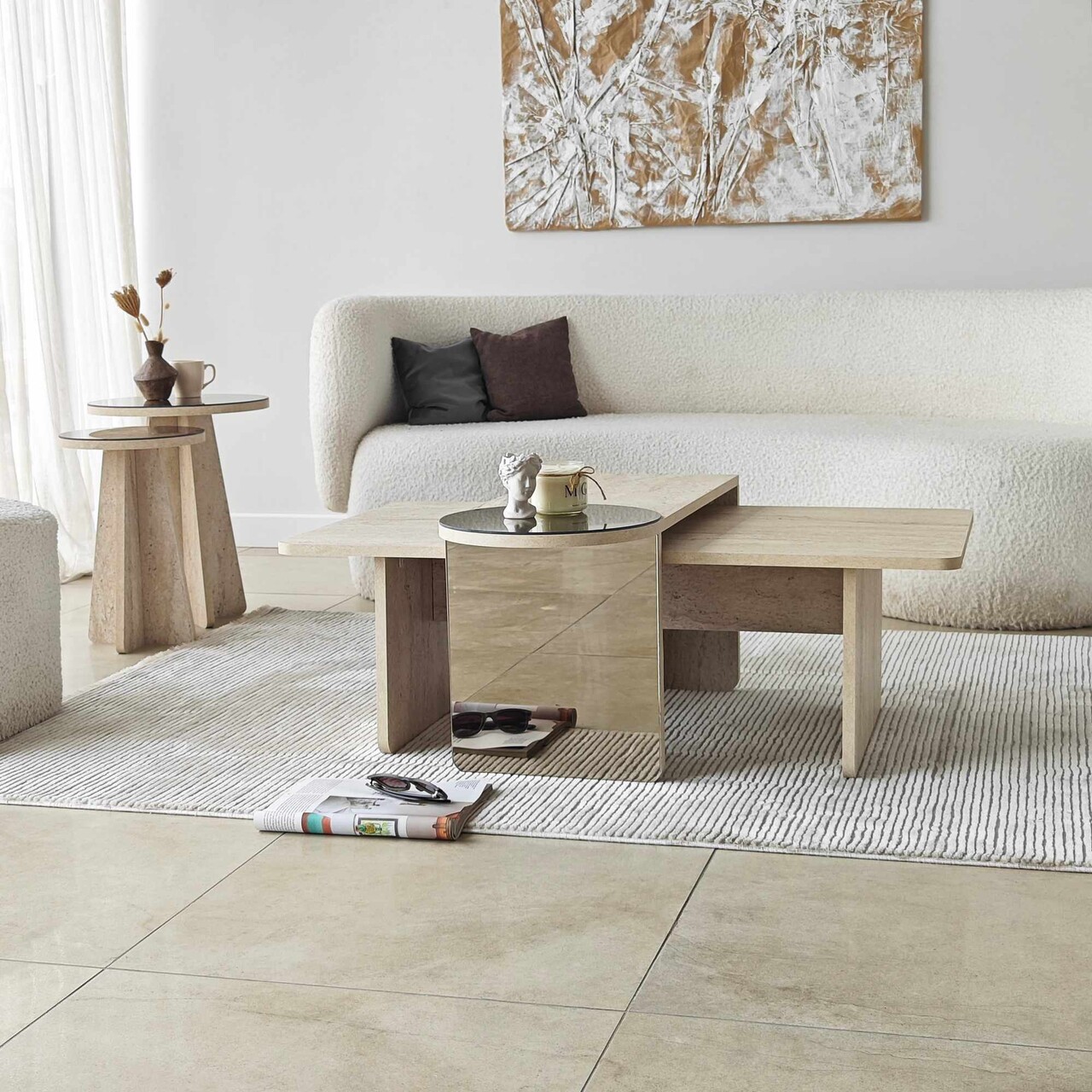 Set masute Nesting 4 piese, Hanah Home, Luna, PAL, Travertine / Bronze Set masute Nesting 4 piese, Hanah Home, Luna, PAL, Travertine / Bronze