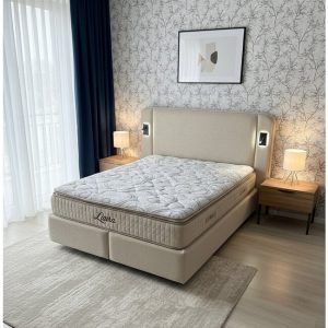 Pat tapițat cu Saltea Gratis, Laura 160x200 cm Bej cu somieră rabatabilă, ladă depozitare